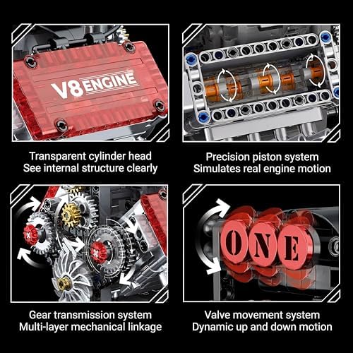 Motorized V8 Engine Model Kit that Runs, 478-Piece 8-Cylinder Car Engine Building Kit, Build Your Own STEM Mechanical Model with Moving Pistons, Gears and Electric Motor for Adults and Teens - Image 3