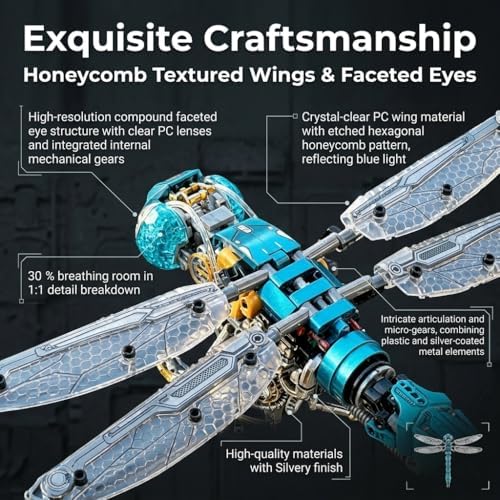Mechanical Technik Dragonfly Building with Light, Compatible with Lego for Adults, Insect Animal World Model & Display Stand, Educational STEM Toys for Boys Home or Office Décor (866PCS) - Image 2