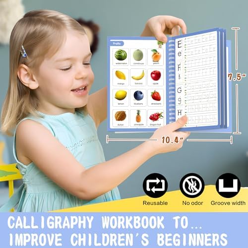 Magic grooved writing practice books Great for beginners, 4 books, 2 pens, 20 refills, 1 Blue pencil case. grooved handwriting practice for kids 3-10, reusable grooved handwriting workbooks. - Image 6