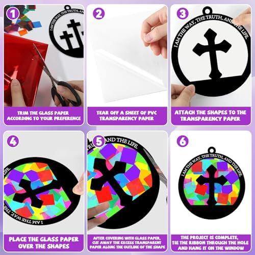 QOUBAI 32 Sets Easter Cross Suncatchers Craft Kit DIY Religious Window Stained Glass Effect Christian VBS Paper Hanging Ornament Kid Sunday School Birthday Gift Creative Art Project Activity Game - Image 3
