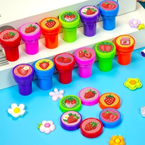 Cinrobiye 24 Pcs Strawberry Stampers Party Favors, Cute Fruit Pre Inked Stamps with 12 Sweet Berry Designs, Strawberry Birthday Party Supplies, Goodie Bag Fillers, Classroom Rewards, Carnival Prizes - Image 3