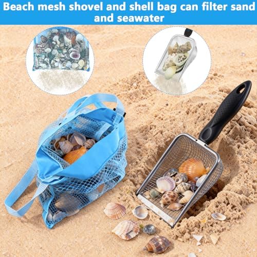 fethwoin 2Pcs Shark Tooth Sifter with 2Pcs Mesh Shell Bags, Beach Sand Sifter, Sea Shell Scooper for Beach, Sand Beach Toys for Kids, Medium, Blue - Image 4