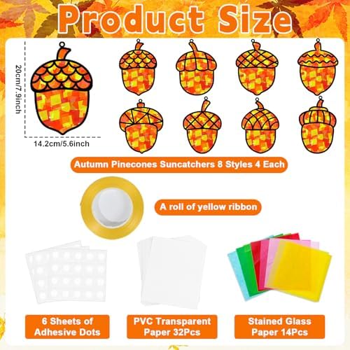 32 Sets Pine Cones Suncatchers Craft Kit DIY Window Stained Glass Effect Fall Autumn Pine Cones Paper Craft Home School Classroom Decoration Kid Birthday Gift Creative Art Project Activity Game - Image 2