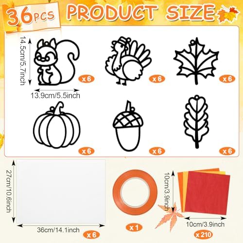 Qyeahkj 36 Set Fall Suncatchers Crafts for Kids DIY Autumn Leaf Pumpkin Acorn Squirrel Window Tissue Paper Craft Kit Hanging Decor for Home Activity Art Project Birthday Party Favor Gift - Image 2