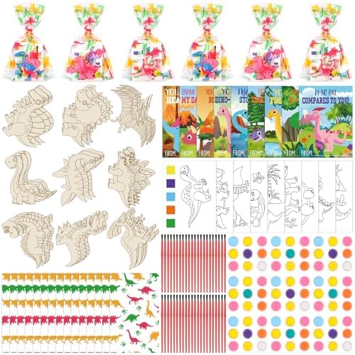 Pasimy 162 Pcs Dinosaur Party Favors Craft Kits Jurassic Party Supplies Dino Birthday Painting Kit Watercolor Card Wooden Cutouts Dinosaur Goodie Bag for Tropical Jungle DIY Project Activities(Dino) by Pasimy