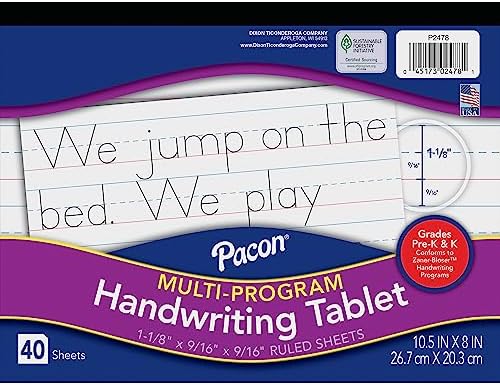 Pacon Handwriting Paper, Zaner-Bloser Grades Pre-K & K, 1-1/8" x 9/16" x 9/16" Ruled 10-1/2" x 8", Ruled Long, 40 Sheets by Pacon