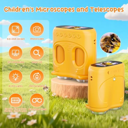 2-in-1 Kids Microscope Telescope, Temodu 2.0" 1000X Digital Microscope for Kids, HD Portable Education Telescope for Kids Birthday Festival Gift, Science Fun Toys for Children Age 4-12 (Yellow) - Image 2