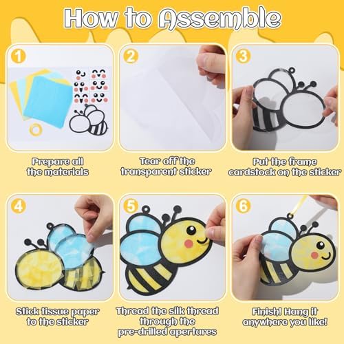 Qyeahkj 36 Set Summer Bee Suncatchers Crafts for Kids DIY Insect Bug Window Tissue Paper Craft Kit Hanging Decor for Classroom Home Activity Art Project Birthday Party Favor - Image 4