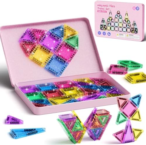 WMXDU 42-Piece Glitter Magnetic Tiles Travel Set with Pink Metal Box - Portable STEM Building Blocks for Kids Ages 3-8 Boys & Girls STEM Montessori Educational Toys for Airplane Car Rides by WMXDU