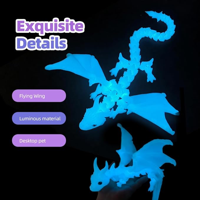 3D Printed Dragon with Wings,3D Printed Animals Toys, Fidget Dragon Toys, Flexible Articulated Winged Crystal Dragon Model,Desktop Pet Deco, Stocking Stuffers (Luminous-Blue)