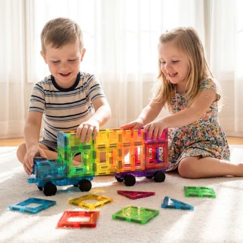 Magnetic Tiles Car Building Kit for Toddlers, 4 PCS Magnet Construction Trucks, STEM Toys for Boys Girls Ages 3-5 4-8,Educational Vehicle Engineering Set, Gifts for Kids - Image 2