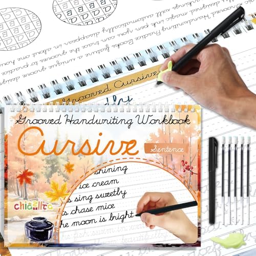 chiazllta Grooved Cursive Handwriting Workbook with Disappearing Ink Pens Magic Reusable Grooved Cursive Writing Practice for Beginners Kids Kickoff Student Workbook Homeschooling Supplies (Sentence) by chiazllta