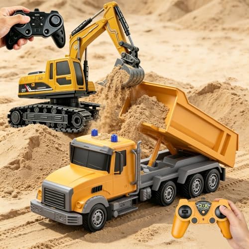 Remote Control Excavator and Dump Truck Toy Set, RC Excavator & RC Dump Truck with Lights and Sounds for Imaginative Play, Birthday Gifts for Toddlers Boys Girls - Image 2
