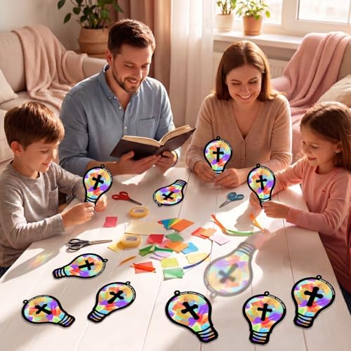 Renbuzhu 48PCS Sunday School VBS Crafts Bulk: Paper Lightbulb Cross Nativity Suncatchers, Jesus Religious Christian Activity DIY Kits Church Decorations, Window Stained Glass Effect Art Supplies - Image 6