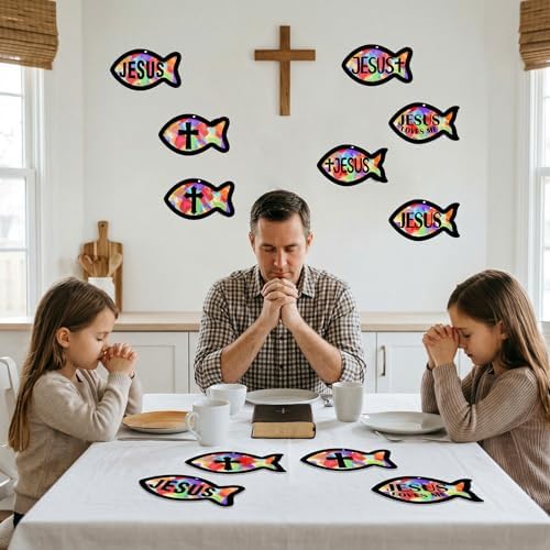 Renbuzhu 48PCS Sunday School VBS Crafts Bulk: Paper Jesus Fish Nativity Suncatchers, Religious Christian Activity DIY Kits Church Decorations, Window Stained Glass Effect Art Supplies - Image 3