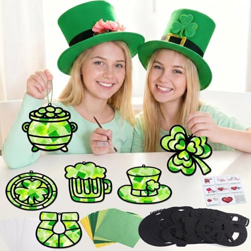 Qyeahkj 36 Set St. Patrick's Day Suncatchers Crafts for DIY Shamrock Window Tissue Paper Craft Kit Hanging Decor for St. Patrick's Day Home Activity Art Project Birthday Party Favor - Image 5