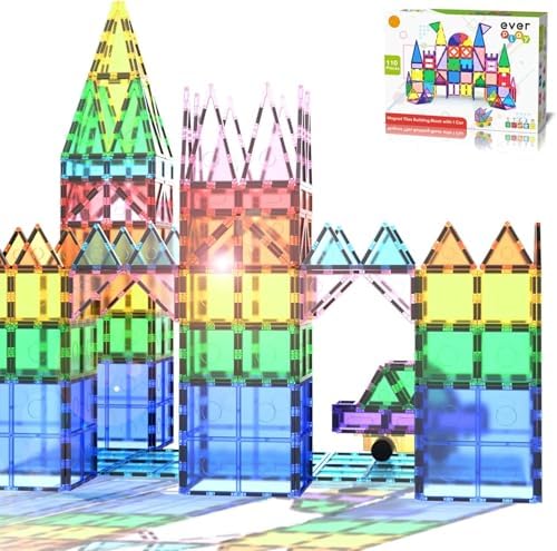 110 pc Magnetic Tiles with Car Set, Building Blocks Toys STEAM Educational Learning Magnet Toy Preschool Montessori Boys & Girls Smart Creative Kit Games Gifts for Age 3+ Kids Toddlers by Everplay