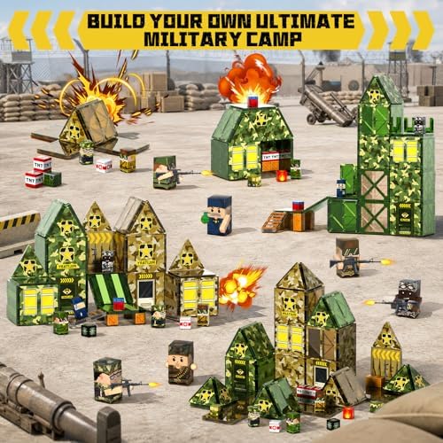 Bmag 109 PCS Military Magnetic Tiles Set, Army STEM Building Toys, Camo Printed Construction Blocks, Educational Play Gifts for Boys Girls Ages 3-12 - Image 5