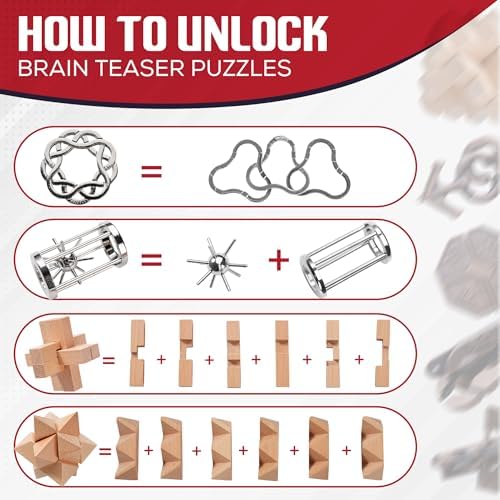 9pcs Metal & Wooden Brain Teaser Puzzles Set, 3D Brain Teasers Steel Puzzles for Adults Teens Kids, Educational IQ Unlock Interlock Puzzle Gift Set - Image 3