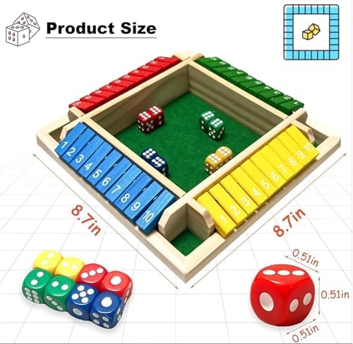 Shut The Box Game Dice Game, 2-4 Player Math Learning Toy for Adult Kids 5-7 8-12, Educational Wooden Board Tabletop Game with 8 Dice for Family, Classroom & Senior Activities, Pub and Party - Image 2