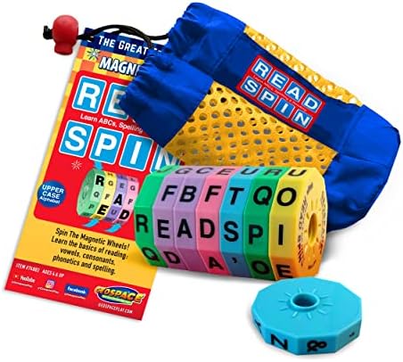 Geospace Read Spin Education Game for Kids – A Handheld Magnetic Spelling Game with Storage Pouch (Upper Case Letters) by Geospace