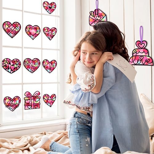 Renbuzhu 40PCS Valentines Day Crafts: Paper Heart Suncatchers, Christmas Valentine's Classroom DIY Kits, Window Stained Glass Effect Art Supplies - Image 3