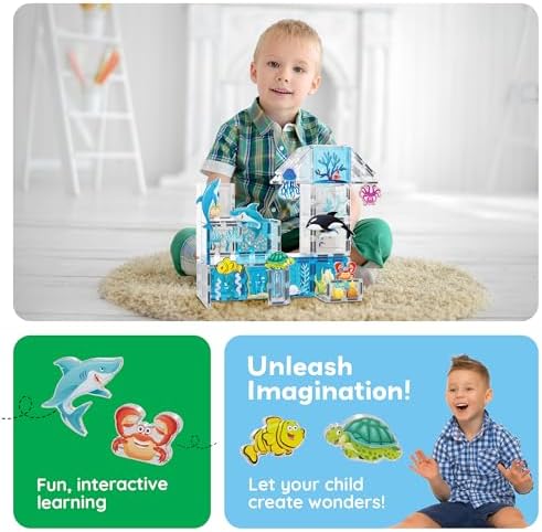PicassoTiles 52 PCS Magnetic Tiles Ocean Animal STEM Set 8 Figures Ages 3+ - Image 5