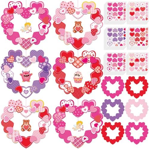 Lonfliness 24 Sets Valentines Wreath Craft for Kids DlY Hanging Decor Valentine's Day Heart Paper Wreath Craft Ornament with Heart Stickers Valentines Party Supplies for School Classroom Activities by Lonfliness