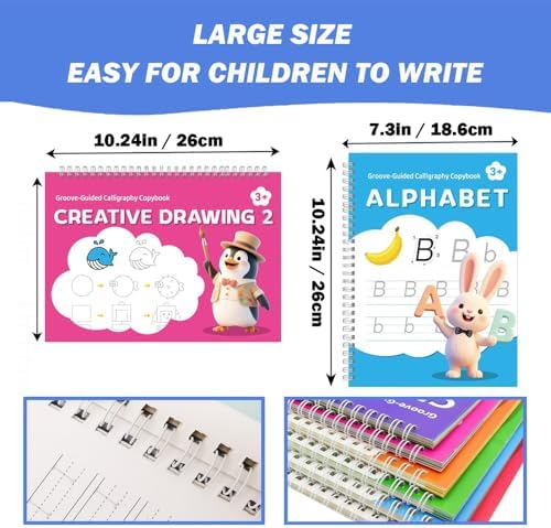 ROYFACC Grooved Writing Books Groove Handwriting Practice for Kids 3-8 Large Reusable Groove Workbooks Tracing Books Preschool Learning Letter Number Math Drawing with Disappearing Ink Pens, 6 Books - Image 6