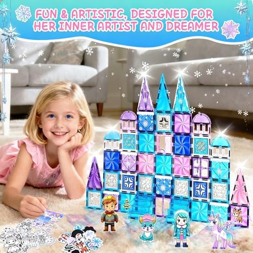 Princess Castle Magnetic Tiles 112PCS with 4 Dolls 2 Stairs &DIY Decors Kit - Image 2