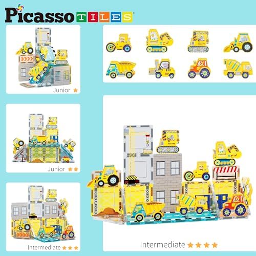 PicassoTiles Magnetic Tile Construction Set with 8 Vehicle Figures and 18 Printed Panels STEM Educational Building Kit for Kids Age 3 Plus Creative Play Learning Blocks Motor Skills Development PTQ21 - Image 4