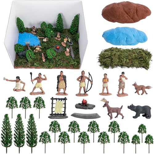 33 Pcs Native American Figurines Diorama Box Kit, Indian Figures Toys Model Diorama Project Set, American Indians Action Figurines Dioramas Supplies for DIY Crafts Historical Education School Project by codree