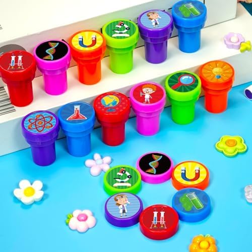 Cinrobiye 24 Pcs Science Stampers Party Favor Set, Cute Science Lab Stamps for Kids Birthday Party, Classroom Rewards, Educational Learning Toys, Goody Bag Fillers, STEM Party Supplies - Image 3
