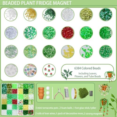 Beaded Christmas Tree Kit 6384pcs Beaded Plants Kit Magnets for Fridge, Green Beads Leaf Glass flowers for Succulent Plant Lover Jewelry Making Diy Craft Gifts Charms Sun Catchers Window Home Décor - Image 2