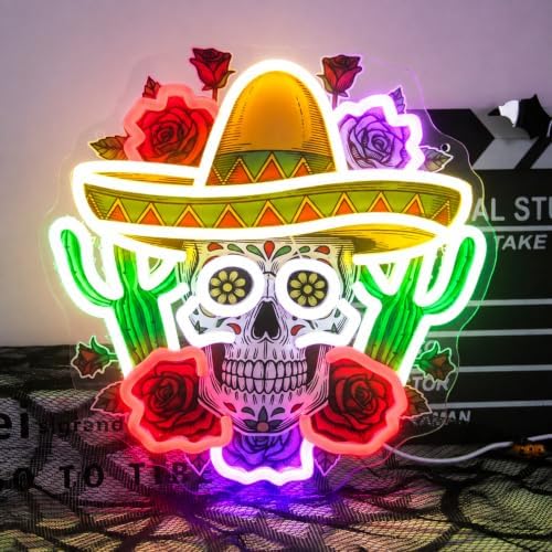 Mexican Sugar Skull Neon Light Sombrero Hat Cactus Roses LED Signs for Wall by CKTBLEY