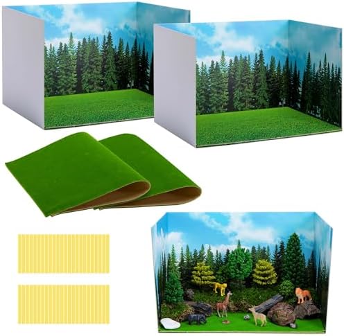 codree 4 Pcs Jungle Style Diorama Box and Fake Grass Decor, Rainforest Diorama Supplies Project Box Set, Cardboard Diorama Kit & Artificial Grass with Double Sided Tapes for DIY Crafts Toys Dollhouse by codree