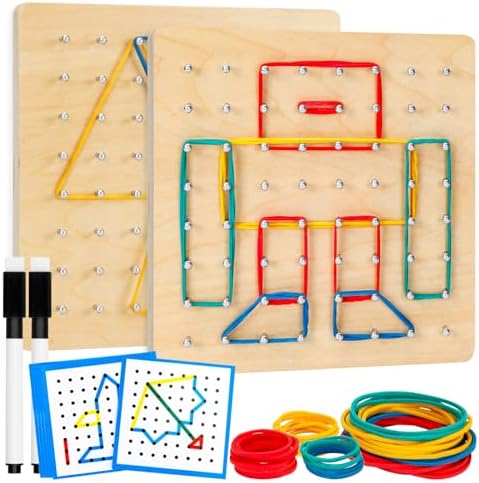 2Pack Wooden Geoboard,Montessori Toy,Graphical Mathematical Education Toy for Kids with Pattern Cards and Rubber Bands to Figures and Shapes, Brain Teaser STEM Toy Geo Board. by HEELWIRE