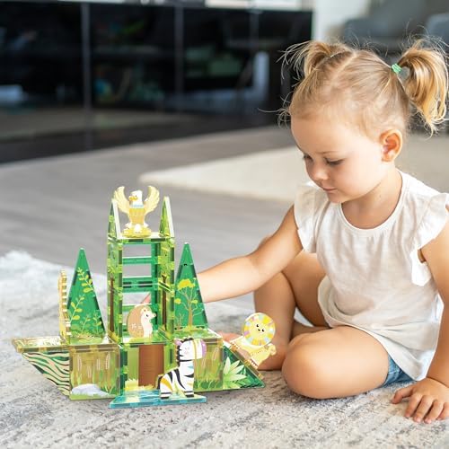 PicassoTiles Magnet Tile Building Block Safari Themed Set with 8 Compatible Magnetized Animal Action Figures Build Blocks Toddler Creativity Toys STEAM Educational Learning Skills Ages 3+ PTQ12 - Image 2