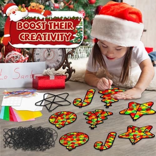 QOUBAI 32 Sets Christmas Theme Suncatchers Craft Kit DIY Window Stained Glass Effect Christmas Theme Paper Crafts Home School Classroom Decoration Kid Birthday Gift Creative Art Project Activity Game - Image 5