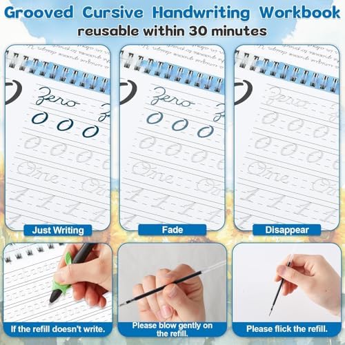 gisgfim 4 Pack Grooved Cursive Handwriting Workbook Kit Magic Reusable Grooved Handwriting Practice with Disappearing Ink Pens Cursive Workbook for Kids Number Poems Jokes & Riddles Inspiring Quotes - Image 4