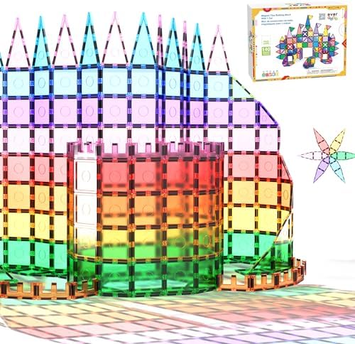 140 pc Castle Rocket Magnetic Tiles with Car Set Building Block Toys STEM Educational Learning Magnet Toy Preschool Montessori Boys & Girls Smart Kit Games Gifts for Age 3+ Kids Toddlers by Everplay