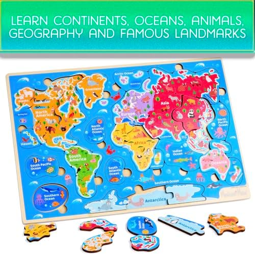 Montessori Mama World Map Wooden Puzzle, Continents and Oceans Puzzles for Kids Ages 4-6. Perfect Educational Toys for 4 Year Old Including Global Landmarks, Animals and Marine Life - Image 2