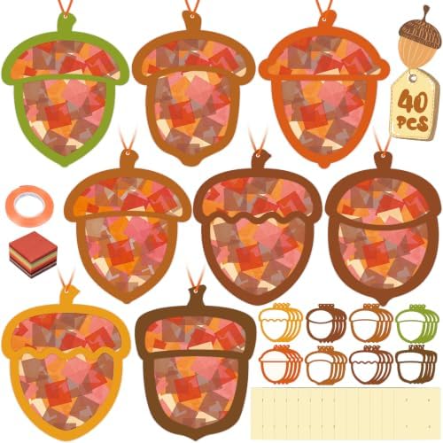 Renbuzhu 40-Pack Fall Acorn Paper Suncatchers Crafts Kit - DIY Autumn Stained Glass Window Decorations for Thanksgiving Activities, Art Projects by Renbuzhu