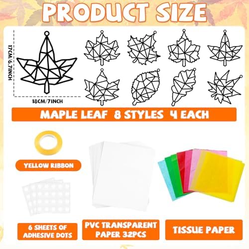 32 Sets Fall Leaf Suncatcher Craft for Kids Thanksgiving Maple Leaf DIY Art - Image 2