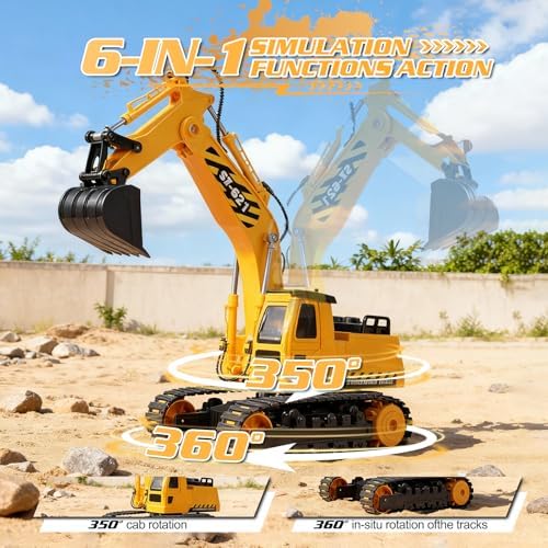 DOUBLE E Remote Control Excavator Toy, 2*Batteries 2.4GHz RC Excavator, 6-in-1 Digging/360° Rotation, 20M Range Sandbox Construction Toys Birthday Gift for Boys/Kids 6+ Years - Image 2
