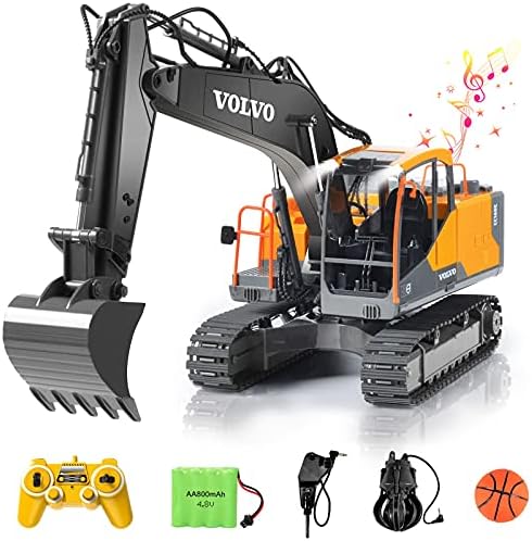 Double E Volvo 1:16 Scale Remote Control Excavator, 17 Channel 3-in-1 Construction Toy with Metal Shovel, Drill, Grab & Lights, 2.4GHz Full Function Digger for Outdoor Sandbox, Gift for Kids & Adults by DOUBLEE