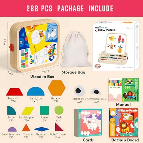 288 PCS Wooden Magnetic Pattern Blocks Set – Montessori Tangram Puzzle with Pattern Cards & Storage Bag | Preschool Montessori Brain Teaser, STEM Gift for 3-8 Years Old Toddler Kids - Image 3