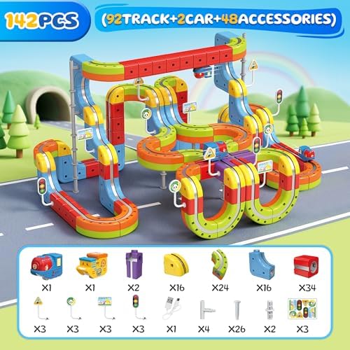 Electric Train Set for Kids, 141 Pieces (92 Tracks + 2 Cars) Magnetic Train Set for Toddlers, STEM Toys Birthday Gifts for Aged 3-12, 3D Cube Track Kits with Anti-Gravity Design for Boys Girls - Image 2