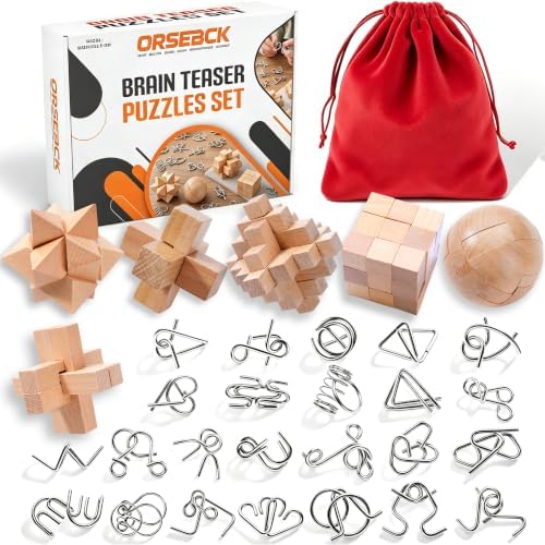 30pcs Metal & Wooden Brain Teaser Puzzles Set, 3D Brain Teasers Wire Puzzles for Adults Teens Kids, Educational IQ Unlock Interlock Puzzle, Entertaining & Thoughtful Gift Set by Unknown