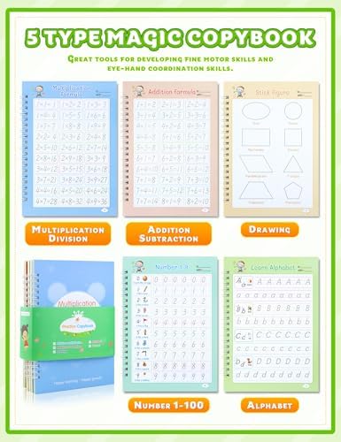 Magic Practice Copybook, Reusable Writing Practice Book, Handwriting Aid Practice for Preschool Kids Age 3-8 Calligraphy (5 Books with Pens) - Image 3